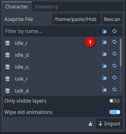 Character Aseprite importer interface Character Aseprite Importer interface