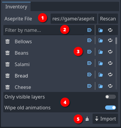 Inventory Aseprite importer interface Inventory Aseprite Importer interface