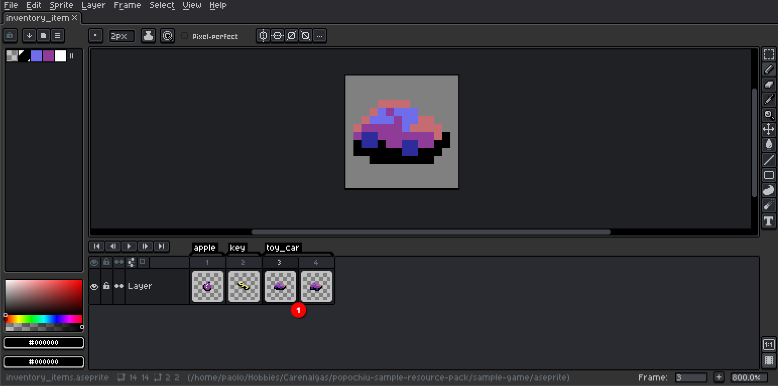 Aseprite source file example - Inventory Items with animation Inventory Aseprite source file example - Multi frame animation