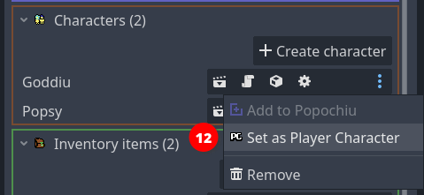 Select our first character as the player character Set as Player Character