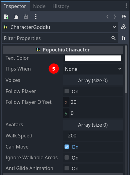 The newly created character's inspector Character inspector