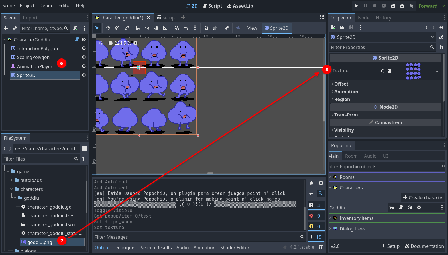 Drag and drop the spritesheet in the Sprite2D texture Set Character's sprite