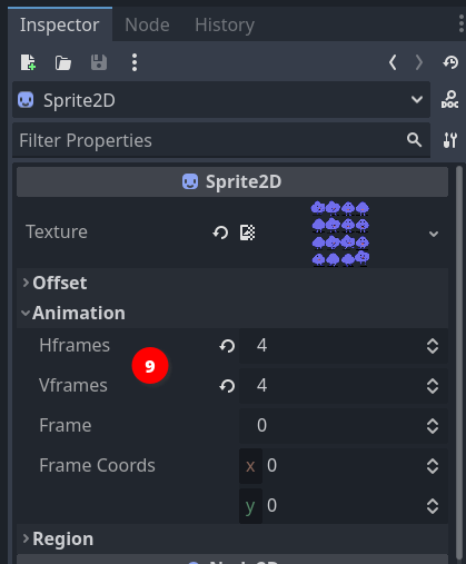 The example asset is a four-by-four matrix of sprites, so we are setting horizontal and vertical frames accordingly Set Character's sprite frames