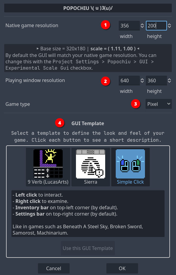Popochiu's Setup popup window Setup Popup